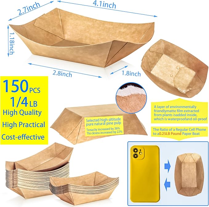 150 Pack 1/4Lb Paper Food Boat Trays Disposable Small Paper Boats Plates - Image 2