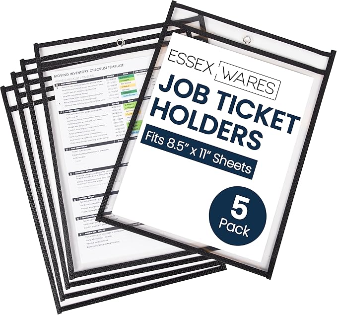 Essex Wares - 5 Pack, Job Ticket Holders, Reusable & Easy Erase Plastic Invoice by EssexWares