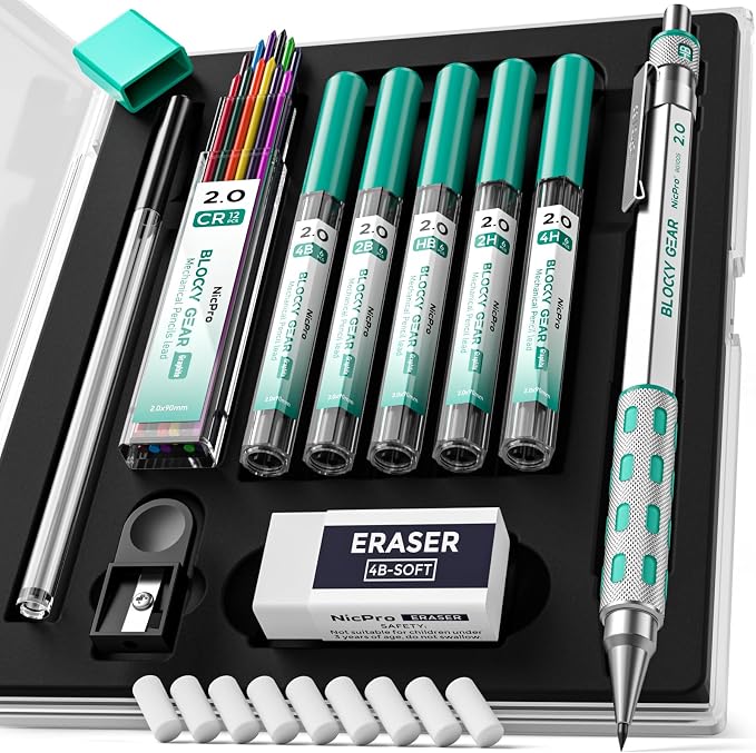 Nicpro Blocky Gear 2.0 mm Mechanical Pencils Set in Case, Metal Pencil by Nicpro