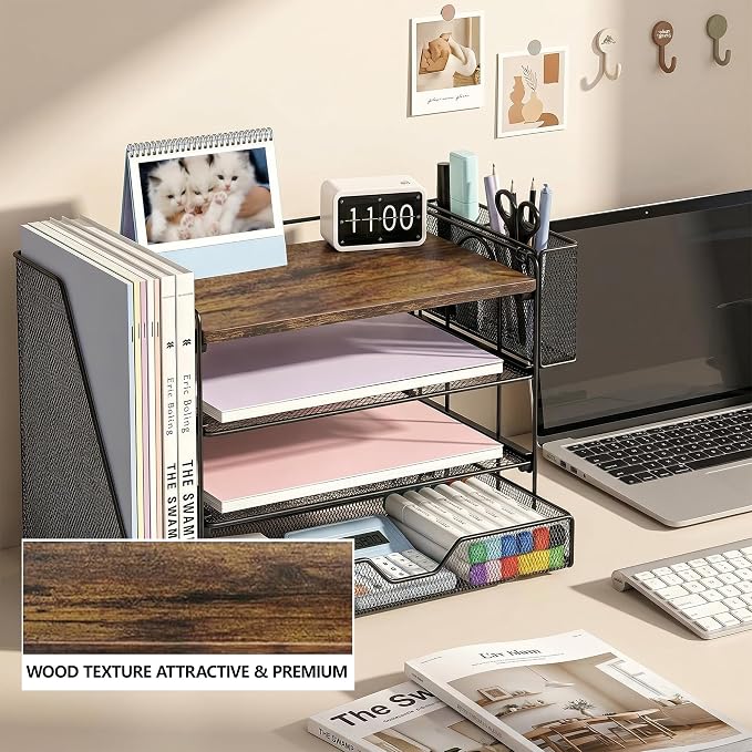OPNICE Wood Desk Organizers and Accessories, 4-Tier Desktop Paper Letter Tray - Image 4