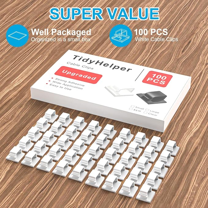 100 PCS Cable Clips White, Upgraded Adhesive Cord Clips - Image 2