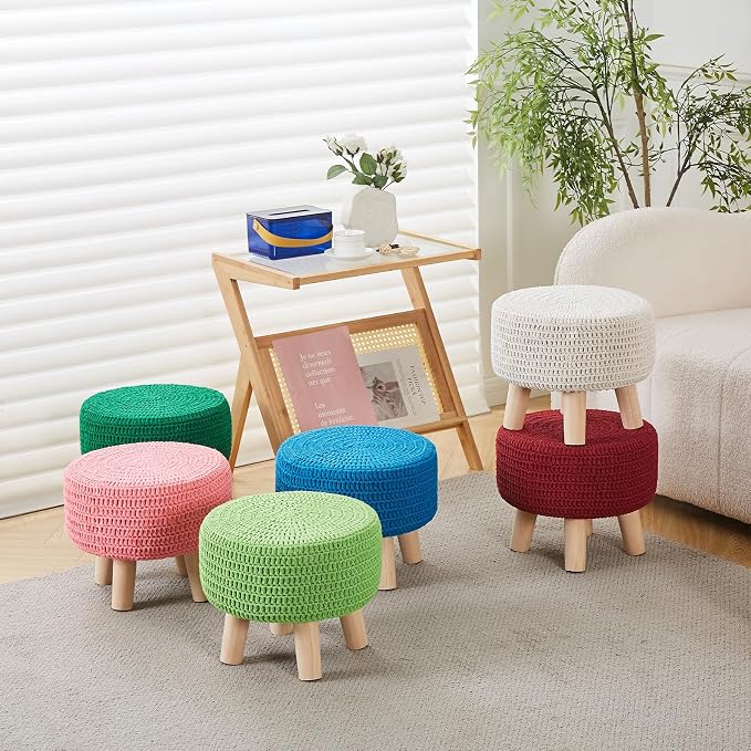 Wimarsbon Pouf Ottoman, 100% Cotton Knitted Boho Footstool, Round Footrest - Image 4