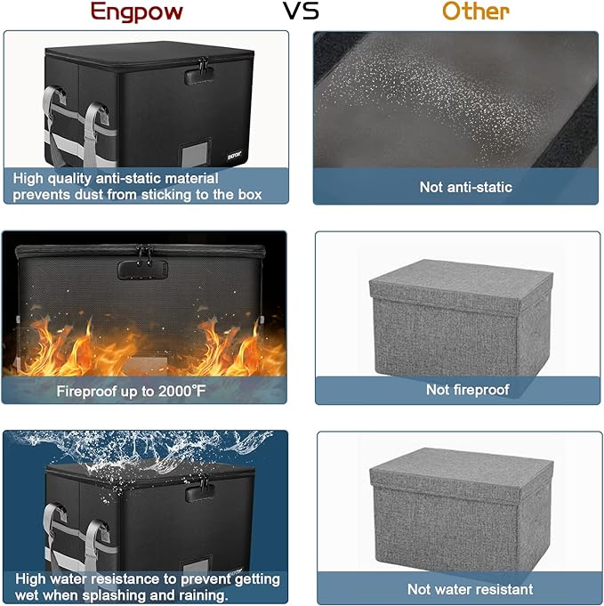 ENGPOW File Box with Lock, Fireproof Document Box with Pockets, Collapsible - Image 6