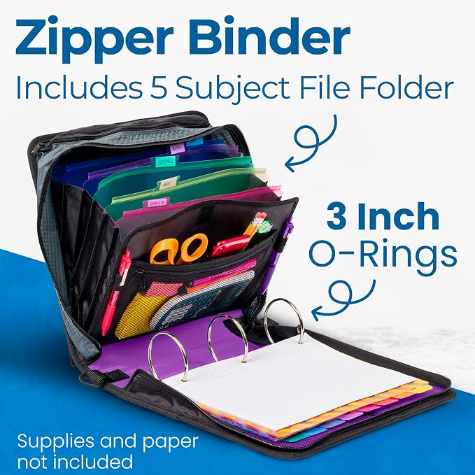 Case-it Mighty Zip Tab School Zipper Binder | 3-Inch O-Rings, 600-Sheet Capacity - Image 2