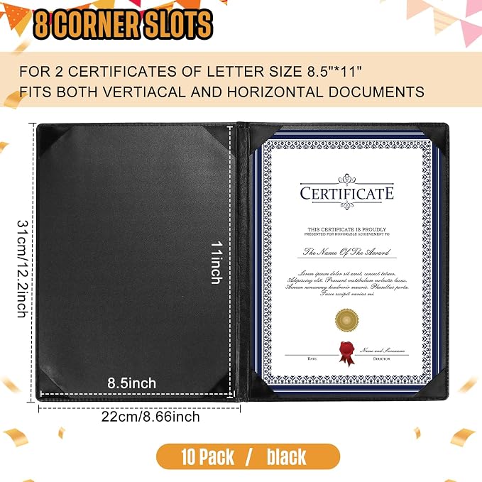 Tenare 10 Pcs Black Leather Certificate Holder 8.5 x 11" PU Phd Bachelor Master - Image 2