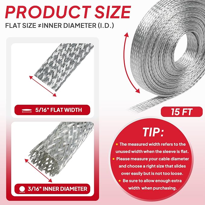 Tinned Copper Braid Cable Wire Shielding Sleeve, 5/16 in Wide, 15ft | Ground - Image 2