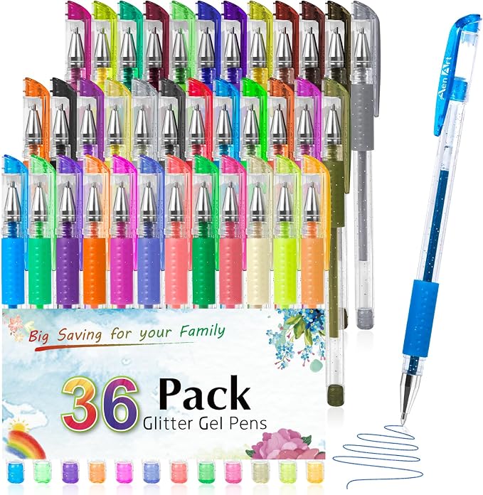 Aen Art Glitter Gel Pens for Adult Coloring Books, 36 Colors Gel Marker Set by ColoringForFun