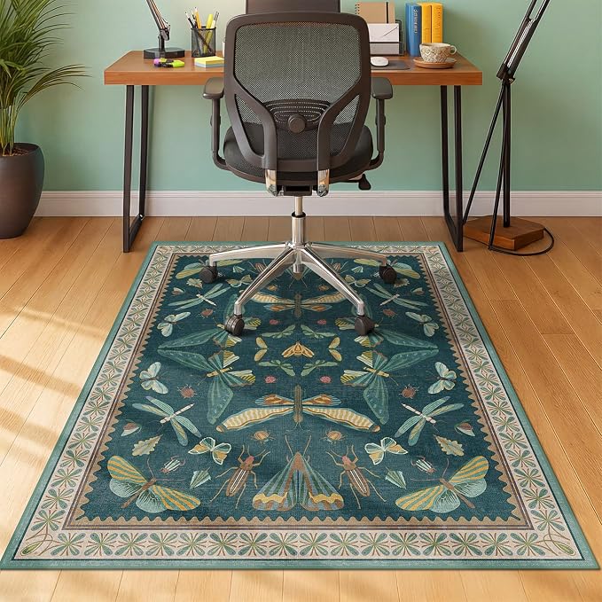 4'x5' Teal Office Chair Mat for Hardwood Floors, Insect Boho Design, Non-Slip - Image 3