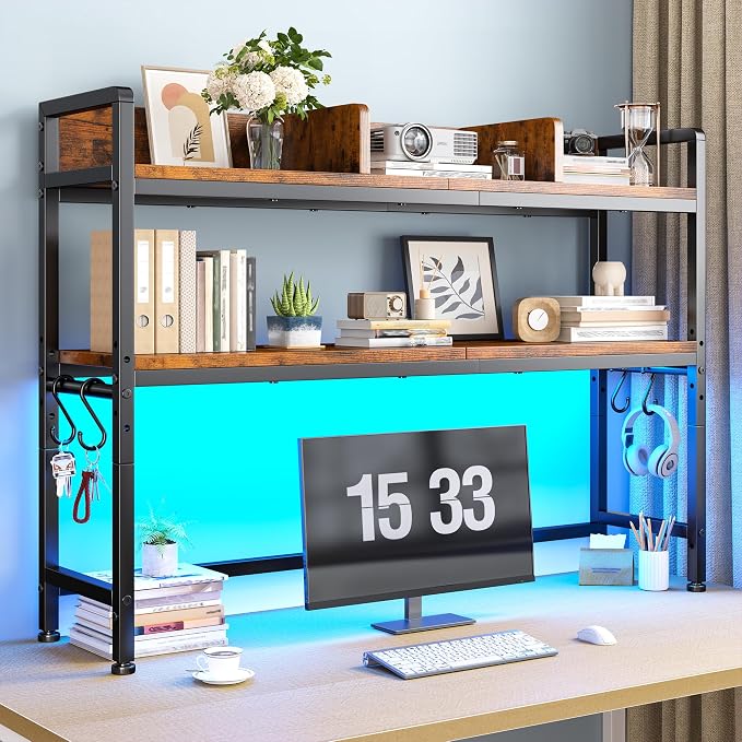 REIBII 45.2" Desk Shelf with LED Lights and Hooks, 2-Tier Adjustable by REIBII
