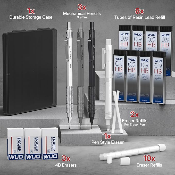 WUO 0.9mm Mechanical Pencil Set, 3 Metal Drafting Pencils - Image 7