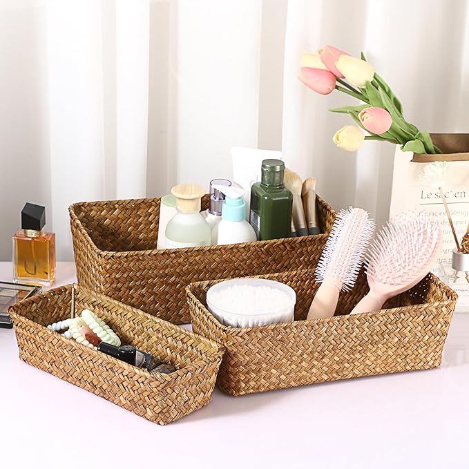 3 Natural Wicker Basket Set Rectangular Handwoven Seagrass Basket Storage Bins - Image 7