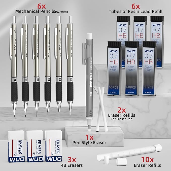 WUO 0.7mm Mechanical Pencil Set in Storage Case, 1 Eraser Pen, 12 Eraser Refills - Image 8