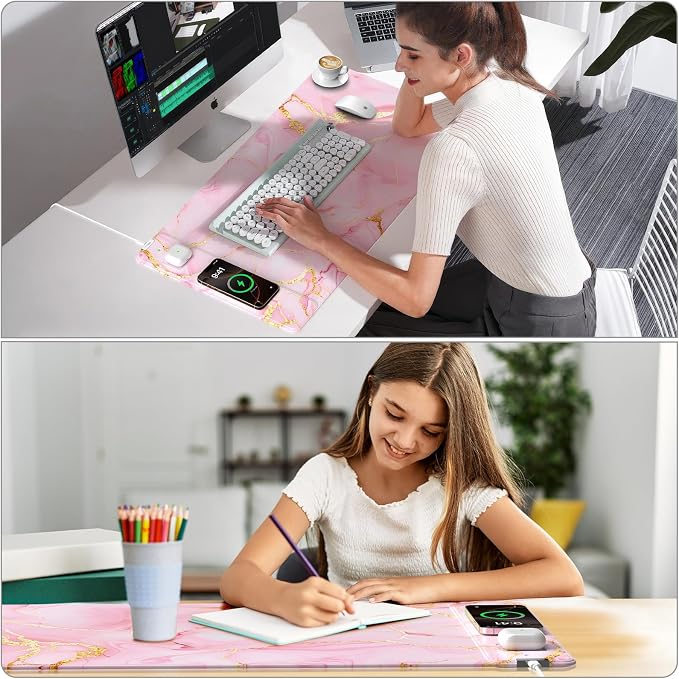 Pink Marble Mouse Pad with 15W Wireless Charging, 31.5"x15.8" Large Gaming Desk - Image 6
