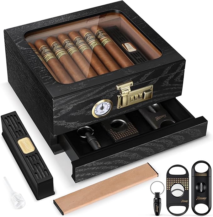 Tesonway Cigar Humidor, Cedar Wood Humidor Cigar Box, Glass Top Desktop Humidor by Tesonway