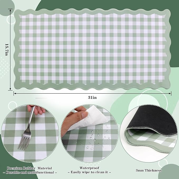yuboo 31"×15.7" Scalloped Sage Green Gingham Washable Pastel Desk Mat Vintage - Image 5