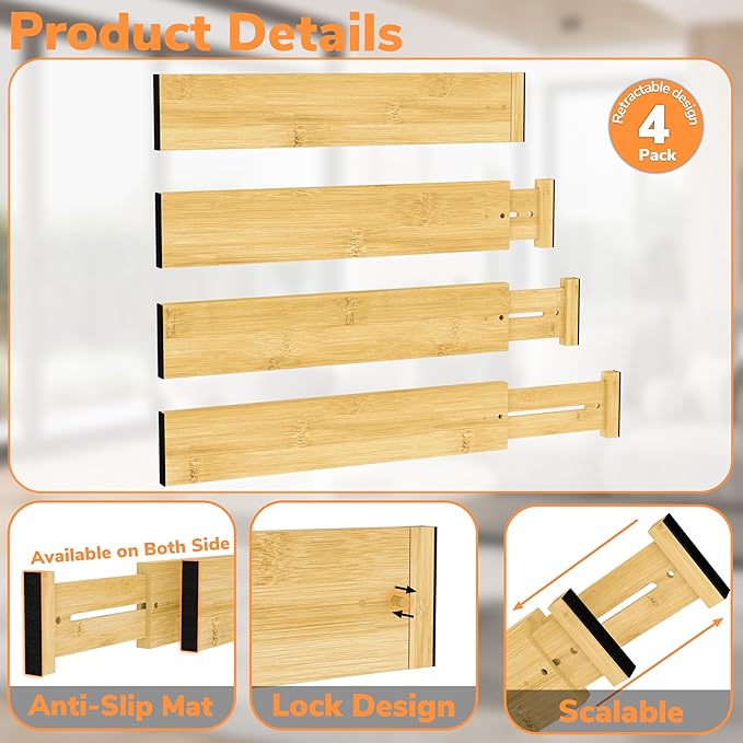 BAMEOS Bamboo Expandable Drawer Dividers – Fits 16.65"–22" Drawers - Image 6