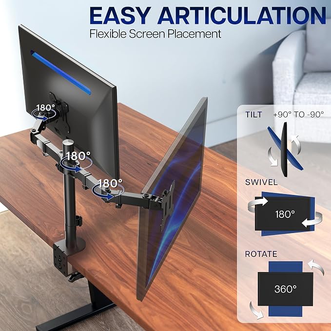 VIVO Dual Monitor Desk Mount, Heavy Duty Fully Adjustable Steel Stand, Holds 2 - Image 3