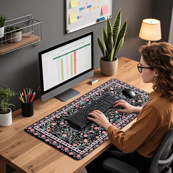 Black Floral Desk Mat, 31.5"x15.7" Large Mouse Pad, Anti-Slip Rubber Base - Image 2