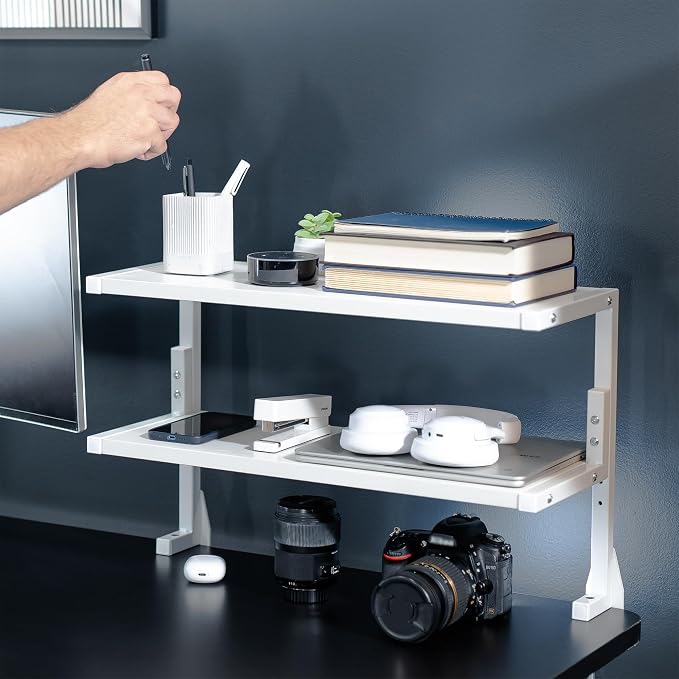 VIVO White Clamp-on 24 inch 2-Tier Desk Shelf, STAND-SHELF24C-W | Above or - Image 8