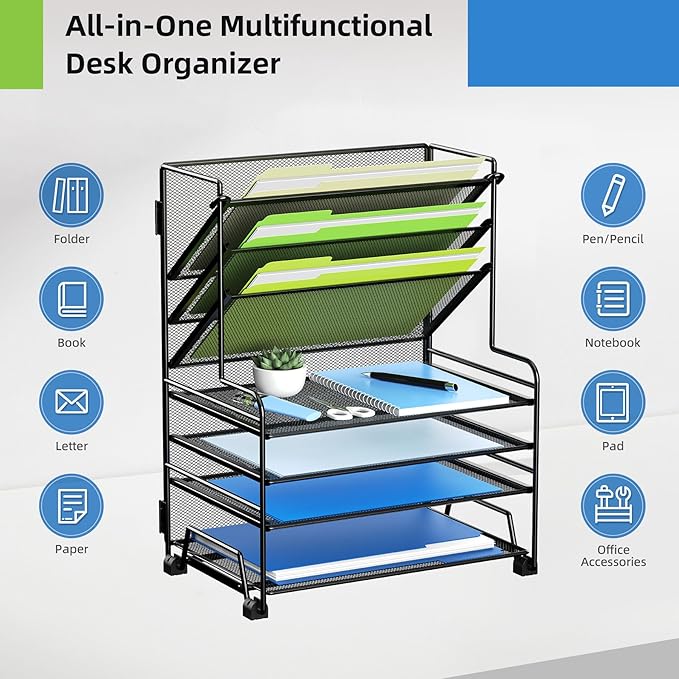MINDEPOT 4-Tier Paper Organizer + 3-Pocket File Holder + Drawer + Pen Holders - Image 4