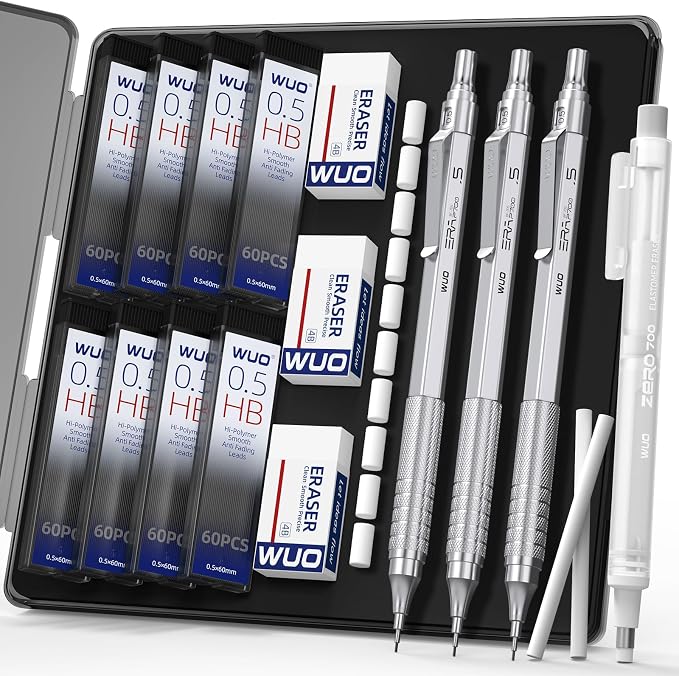 WUO 0.5mm Mechanical Pencil Set, 3 Silver Metal Drafting Pencils by WUO