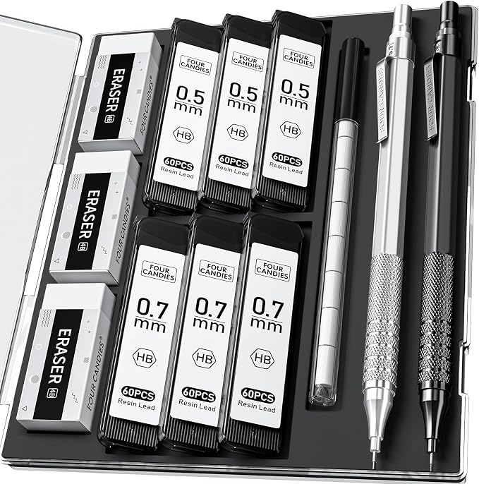 Four Candies 2PCS 0.5mm & 0.7 mm Metal Mechanical Pencils Set, 12 Erasers by FourCandies