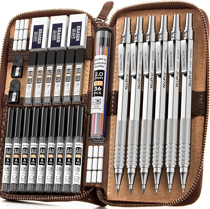 Nicpro 30PCS Silver Metal Mechanical Pencils Set in Leather Case, Art Drafting by Nicpro