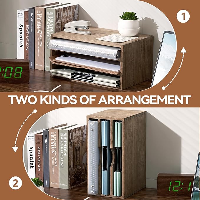 KIRIGEN Wooden Desktop Organizer, 3 Tier Solid Wood Letter Tray and Paper File - Image 4