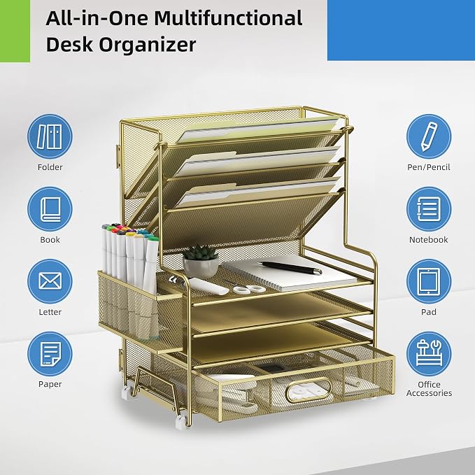 MINDEPOT 4-Tier Paper Organizer + 3-Pocket File Holder + Drawer + Pen Holders - Image 4