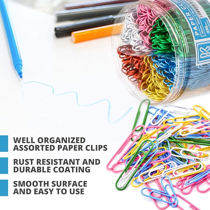 Kempshott 450 Color Paper Clips Assorted Sizes Small, Medium and Large Paper - Image 3