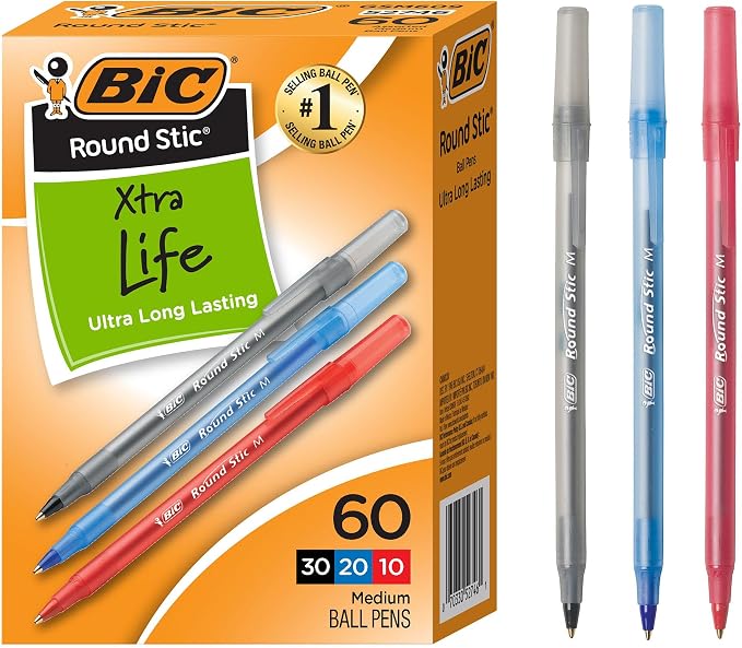BIC Round Stic Xtra Life Assorted Ink Ballpoint Pens, Medium Point, 60-Count by BIC