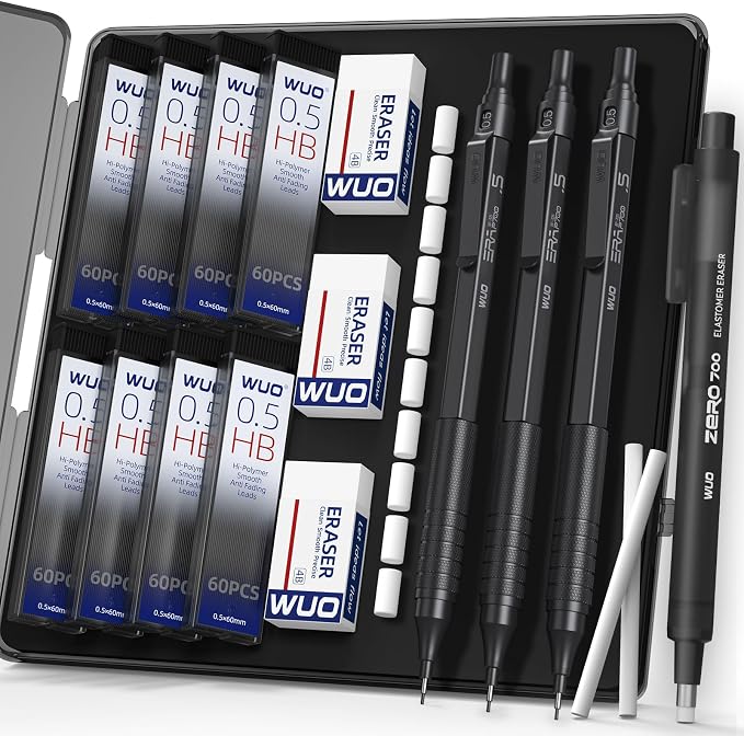 WUO 0.5mm Mechanical Pencil Set, 3 Black Metal Drafting Pencils by WUO