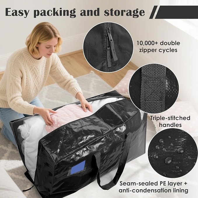 6 Pack Moving Bags with Full-Open Side Zipper, Extra Large 93L Heavy Duty - Image 3