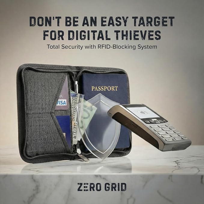 Zero Grid RFID Passport Holder & Travel Wallet, Zippered Wallet - Image 8