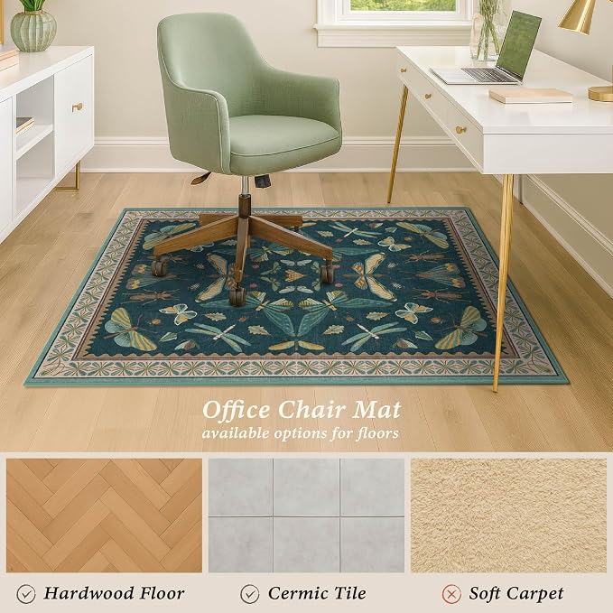 4'x5' Teal Office Chair Mat for Hardwood Floors, Insect Boho Design, Non-Slip - Image 4