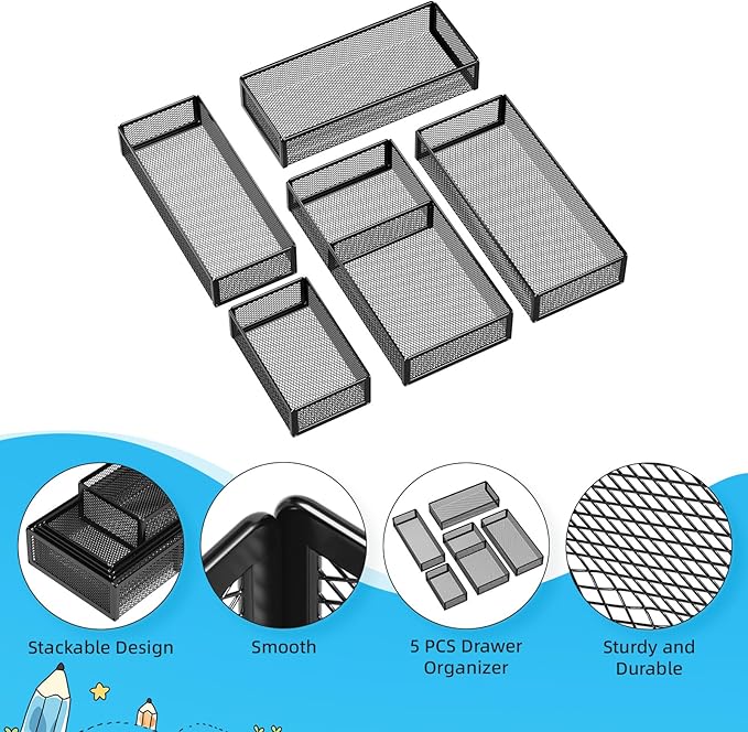 Marbrasse 5 Pack Desk Drawer Organizer Set, Mesh Drawer Storage Trays - Image 5