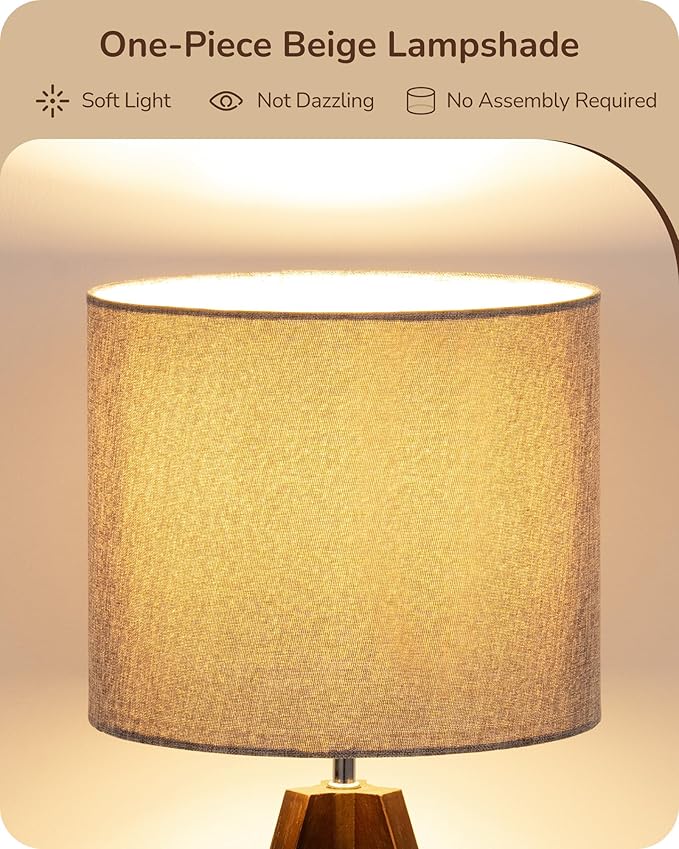 EDISHINE Boho Small Table Lamp, Walnut Color Wooden Tripod Bedside Lamp - Image 3