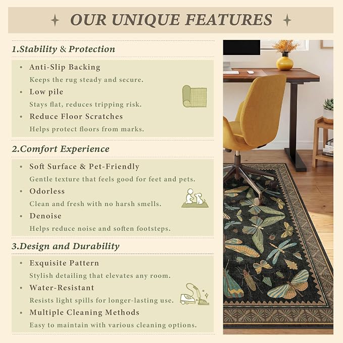 4'x5' Black Office Chair Mat for Hardwood Floors, Insect Boho Design, Non-Slip - Image 7