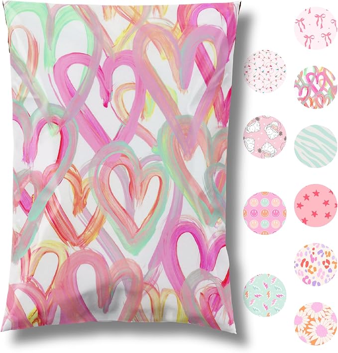 Pretty Package Store Poly Mailer 10x13, Happy Hearts, 100 Pack | Heavy Duty by PrettyPackageStore