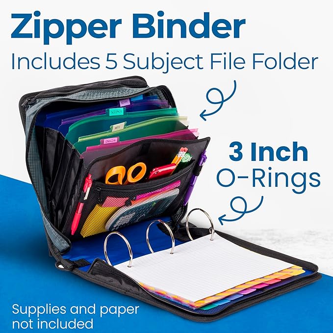 Case-it Mighty Zip Tab School Zipper Binder | 3-Inch O-Rings, 600-Sheet Capacity - Image 2