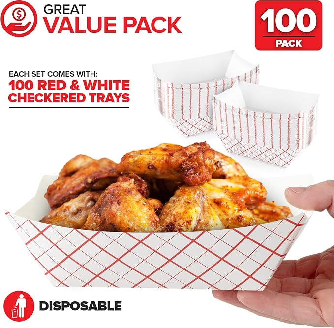 100-Pack 3 lb Paper Food Trays – Red & White Checkered Disposable Paper Food - Image 2