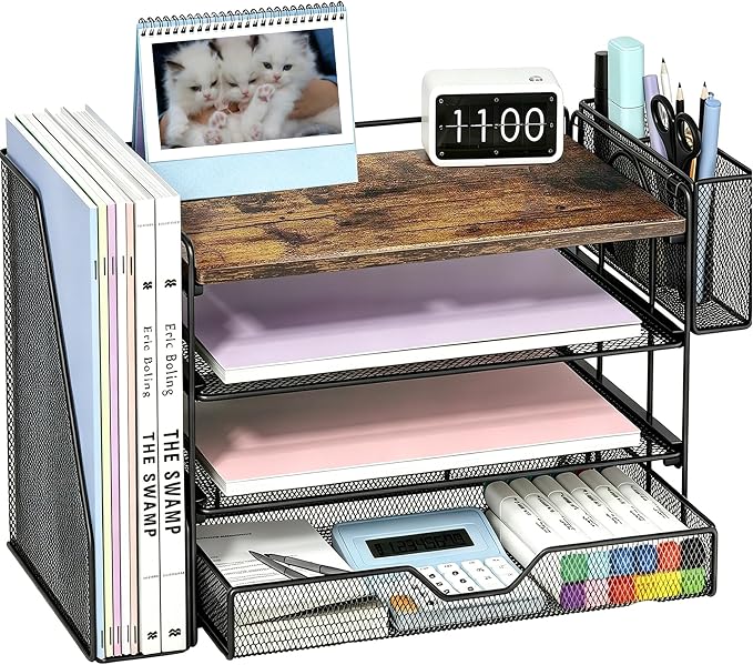 OPNICE Wood Desk Organizers and Accessories, 4-Tier Desktop Paper Letter Tray by OPNICE