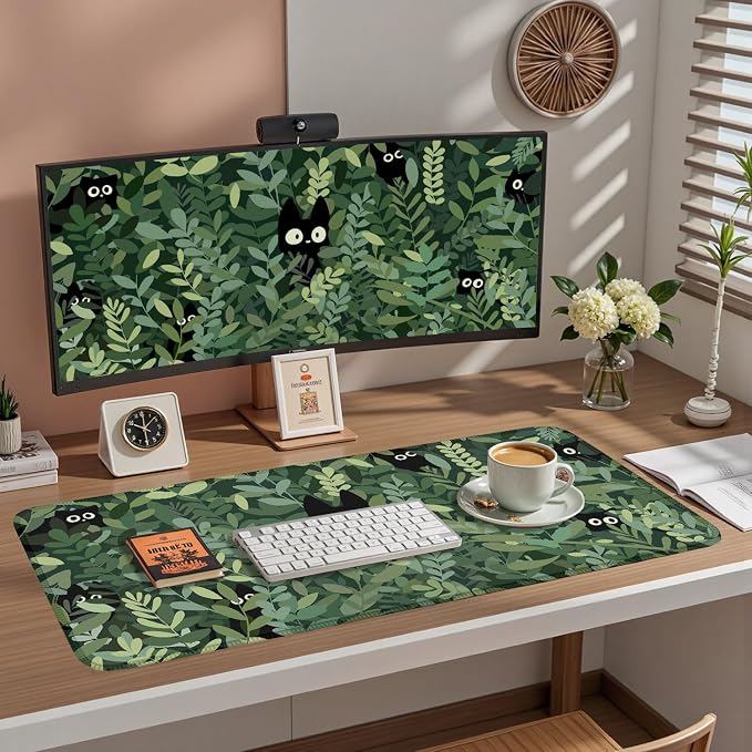 Kawaii Cat Mouse Pad Xl-31.5x15.7in-Anime Black Cat Green Plant Desk Mat - Image 3