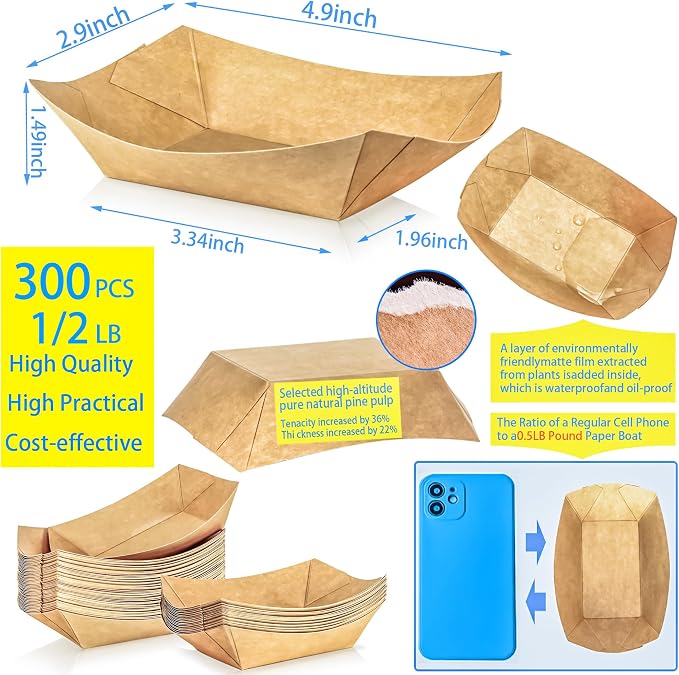 300 Pack 1/2Lb Paper Food Boat Trays Disposable Small Paper Boats Plates - Image 2
