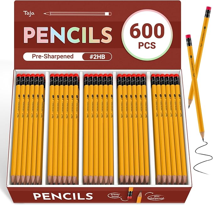 Taja 600 Pack #2 HB Pencils, Bulk Pre-Sharpened Wood-Cased Pencils by Taja