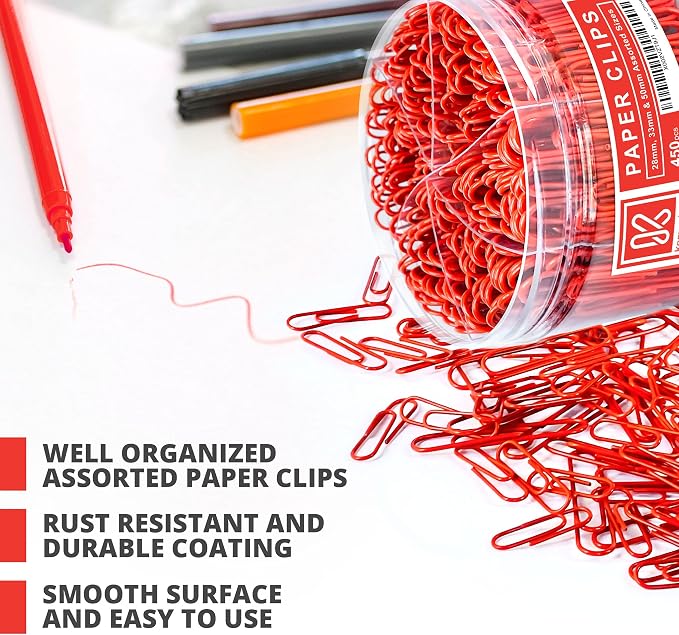 Kempshott 450 Red Color Paper Clips Assorted Sizes Small, Medium and Large - Image 3