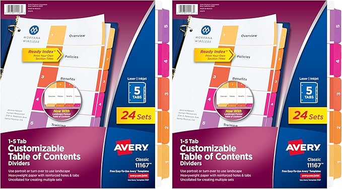 Avery Dividers for 3 Ring Binders, 5 Tabs per Set, Customizable Table Contents by Avery