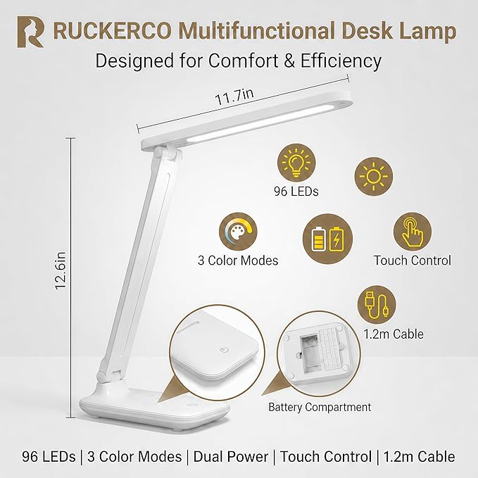 R RUCKERCO Led Desk Lamp Dimmable Desk Light Reading Lamp 3 Lighting Modes - Image 5