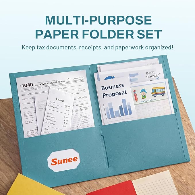 SUNEE Folders with Pockets, 2 Pocket Folders Fit Letter Size, Paper File Folder - Image 2