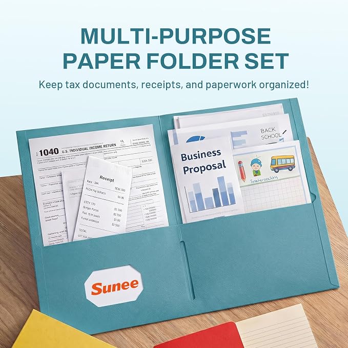 SUNEE Folders with Pockets, 2 Pocket Folders Fit Letter Size Paper, Paper File - Image 2